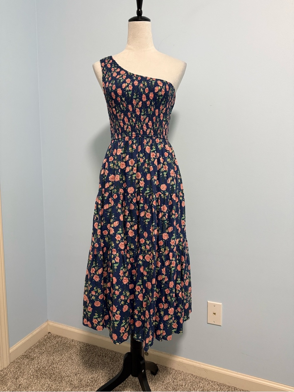 Lulus You Grow Girl Navy Floral Print One-Shoulder Midi Dress Size S - Picture 2 of 8